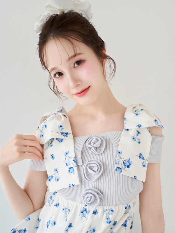 Shoulder Ribbon Flower Knit Onepiece 詳細画像 ピンク 16