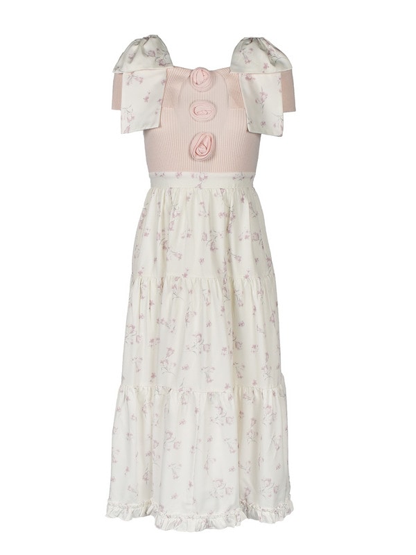 Shoulder Ribbon Flower Knit Onepiece 詳細画像 ピンク 1