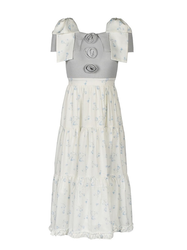 Shoulder Ribbon Flower Knit Onepiece 詳細画像 アイスブルー 1