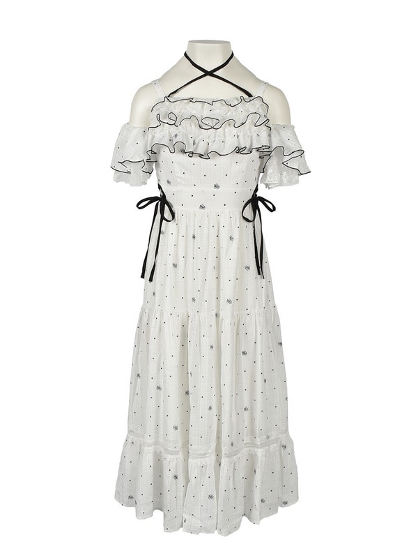 Bust Frill Openshoulder Long Onepiece 詳細画像 ドット 1