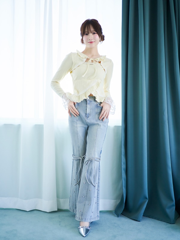 Point Lace Frill Rib Tops 詳細画像 ブラック 16