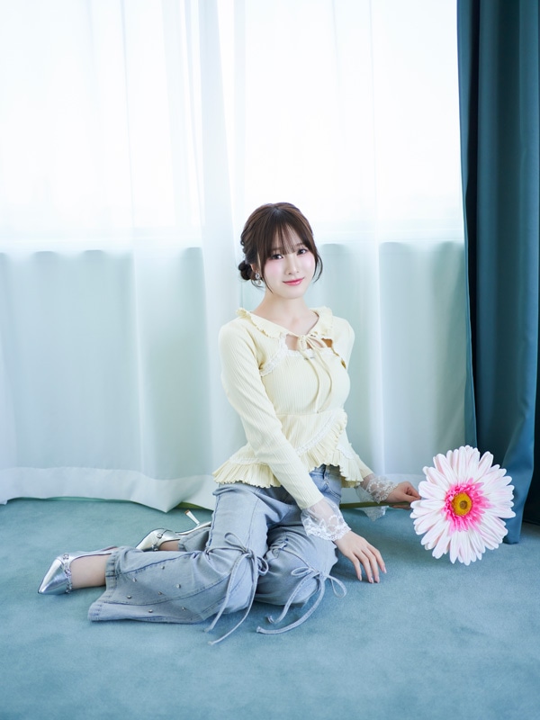 Point Lace Frill Rib Tops 詳細画像 ブラック 16