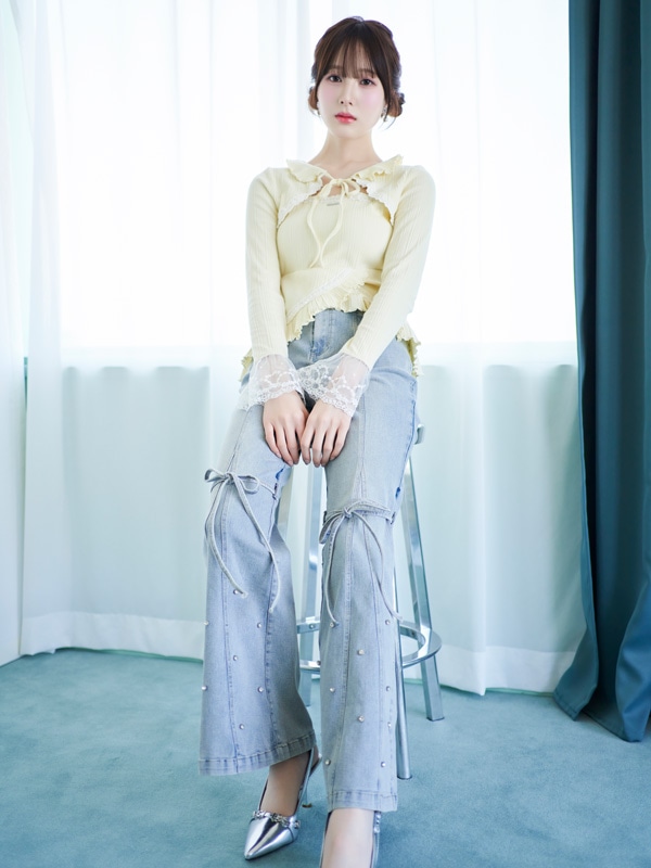 Point Lace Frill Rib Tops 詳細画像 ブラック 16