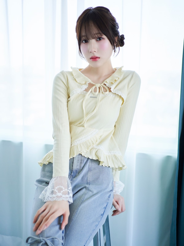 Point Lace Frill Rib Tops 詳細画像 ブラック 16