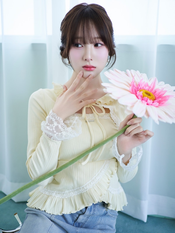 Point Lace Frill Rib Tops 詳細画像 ブラック 16