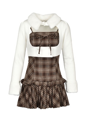 Check Pleats Cami Onepiece Fur Knit Set