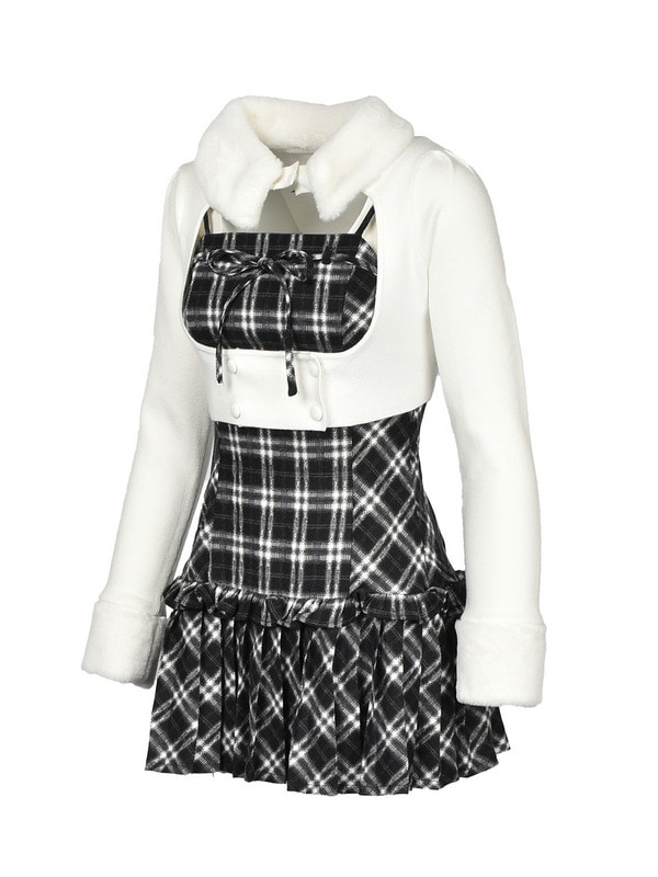 Check Pleats Cami Onepiece Fur Knit Set 詳細画像 ブラック 16