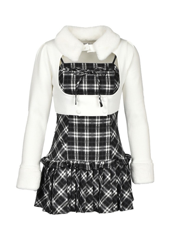 Check Pleats Cami Onepiece Fur Knit Set 詳細画像 ブラック 1
