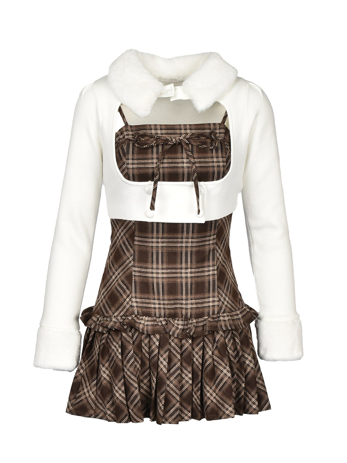 Check Pleats Cami Onepiece Fur Knit Set｜Rilly emulie