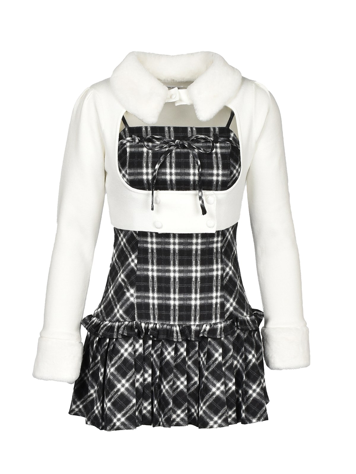 Check Pleats Cami Onepiece Fur Knit Set｜Rilly emulie