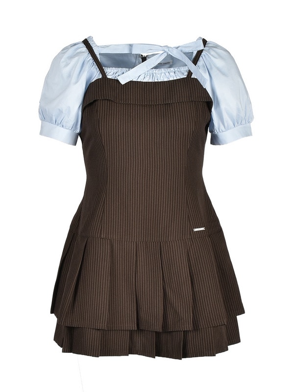 Double Pleated Ribbon Onepiece 詳細画像 ブラウン 1