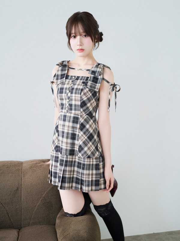 Shoulder Ribbon Check Cami Onepiece 詳細画像 ベージュ 16
