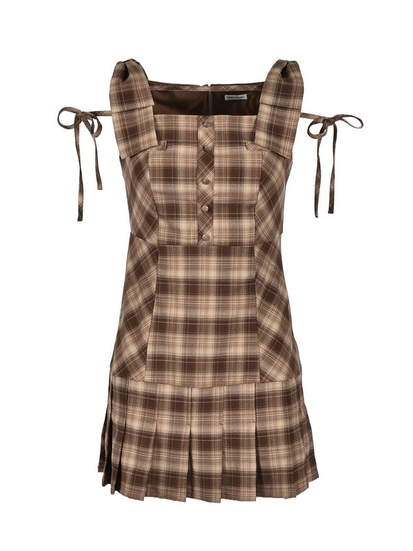 Shoulder Ribbon Check Cami Onepiece 詳細画像 ブラウン 1