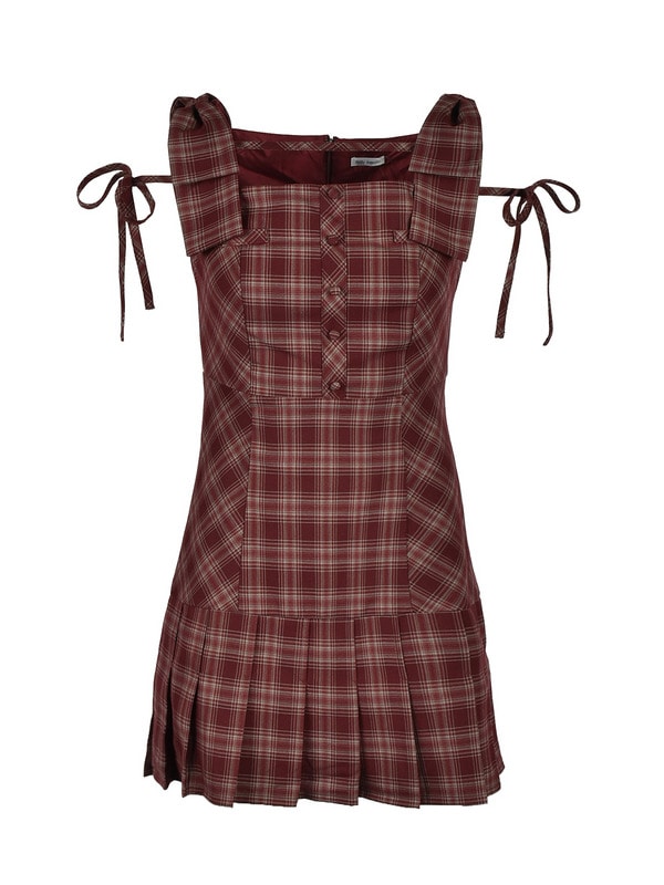 Shoulder Ribbon Check Cami Onepiece 詳細画像 ワイン 1