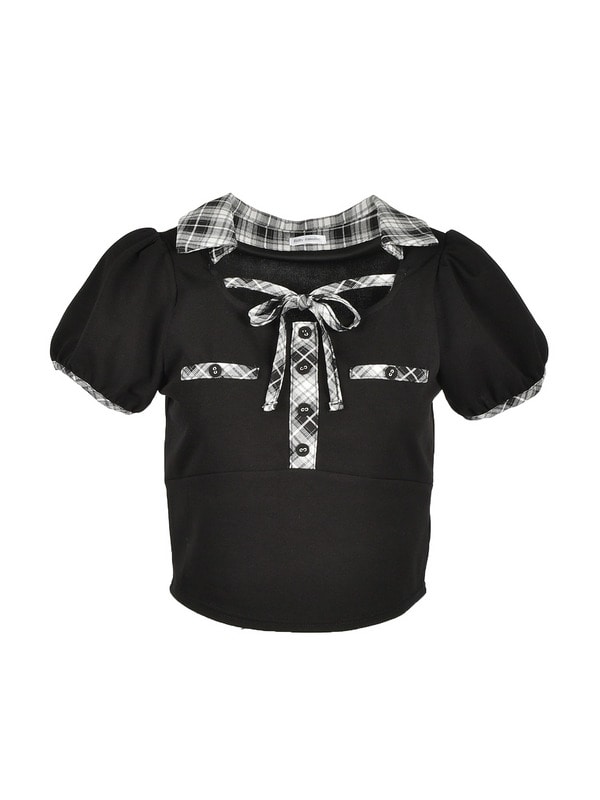 Point Ribbon Collar Rib Tops 詳細画像 ブラック 1