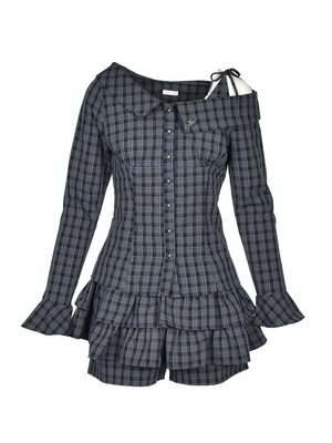 One Shoulder Check Shirts Tiered Set