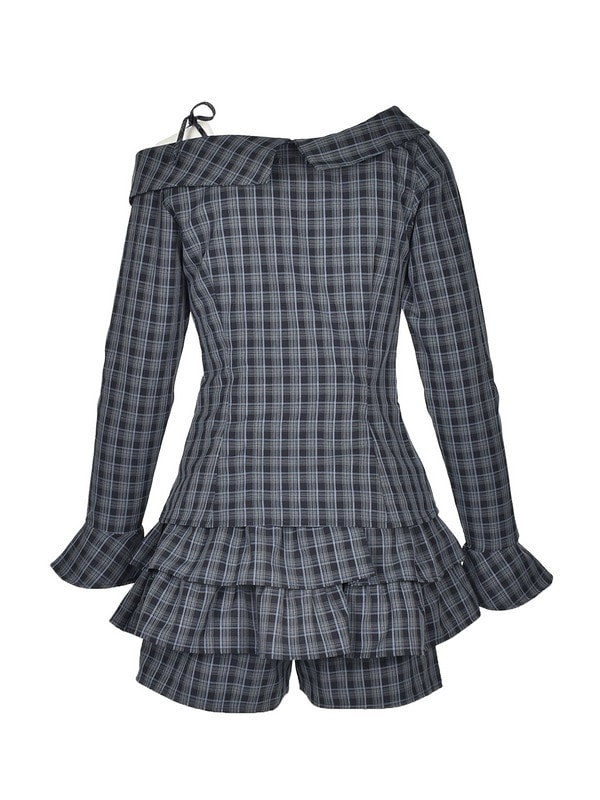 One Shoulder Check Shirts Tiered Set 詳細画像 ネイビー 16
