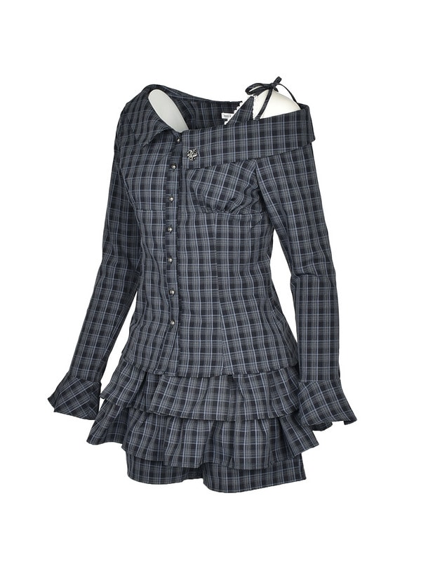 One Shoulder Check Shirts Tiered Set 詳細画像 ネイビー 16