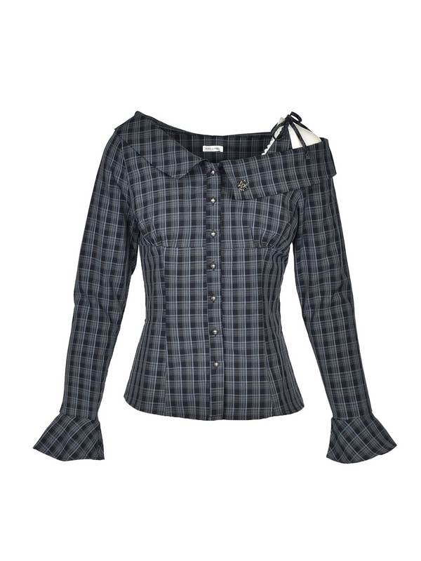 One Shoulder Check Shirts Tiered Set 詳細画像 ネイビー 16