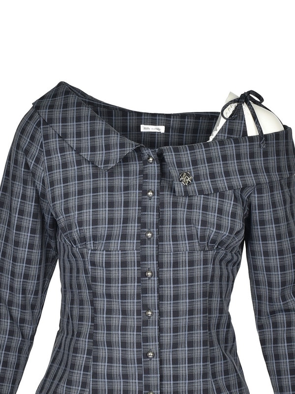 One Shoulder Check Shirts Tiered Set 詳細画像 ネイビー 16