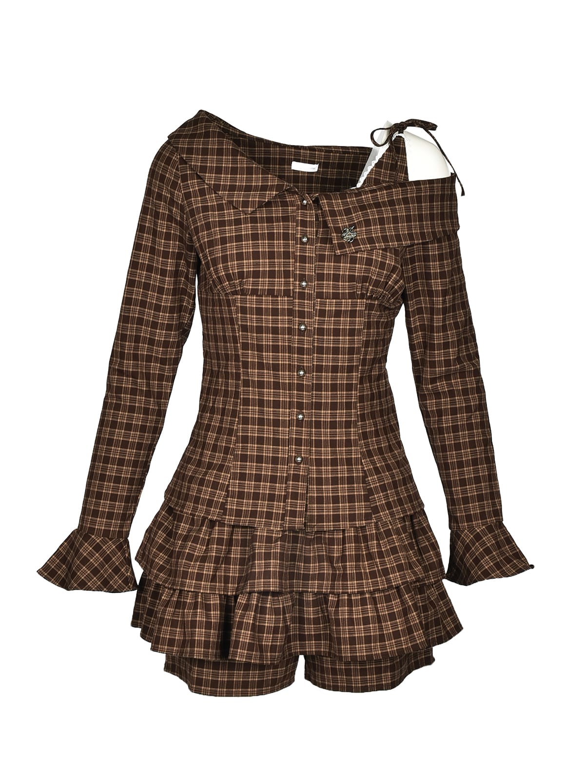 One Shoulder Check Shirts Tiered Set｜Rilly emulie 