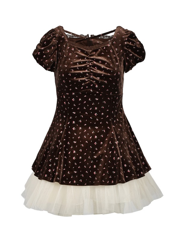 Flower Velvet Peplum Tulle Set 詳細画像 ブラウン 1