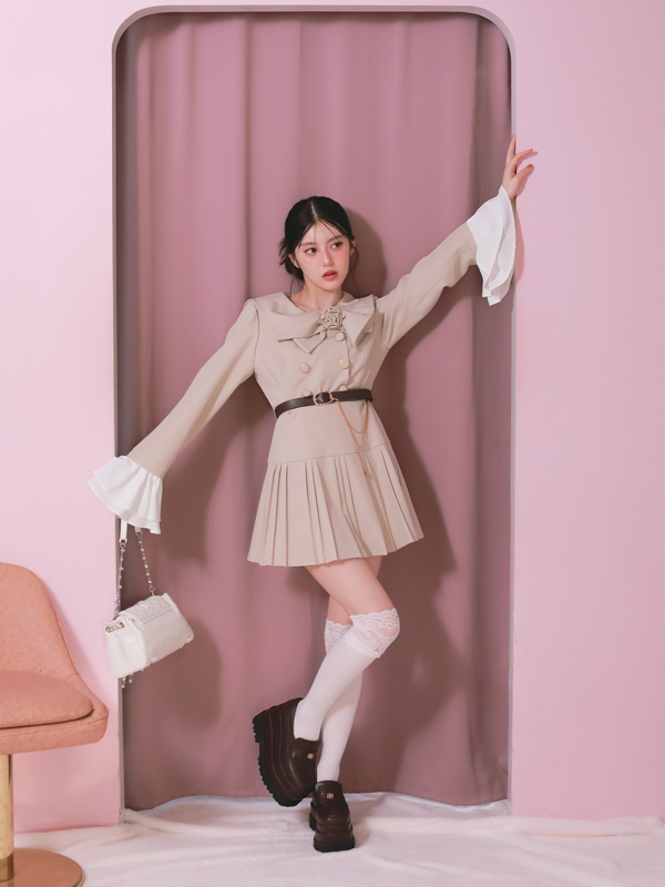 Rose Ribbon Collar Pleats Mini Onepiece 詳細画像 チャコール 16