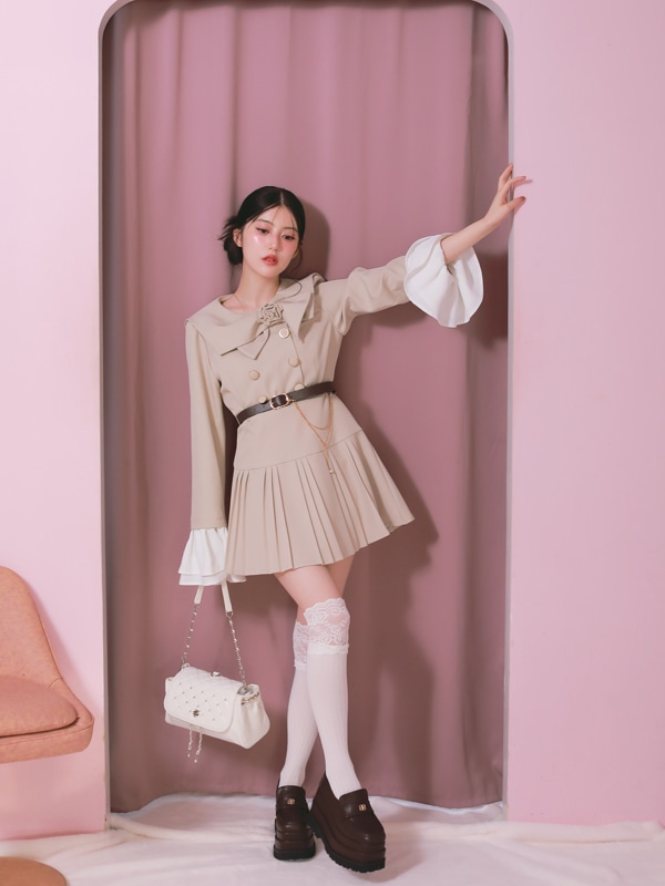 Rose Ribbon Collar Pleats Mini Onepiece 詳細画像 チャコール 16