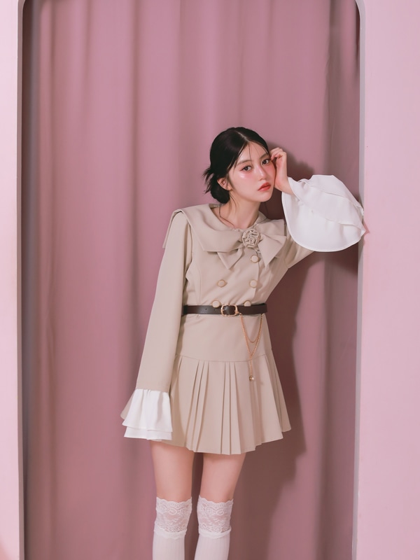 Rose Ribbon Collar Pleats Mini Onepiece 詳細画像 チャコール 16