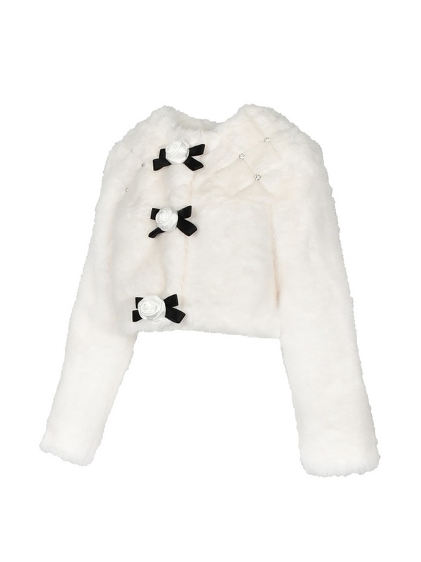 Rose Ribbon Bijou Fur Short Coat 詳細画像 ブラック 16