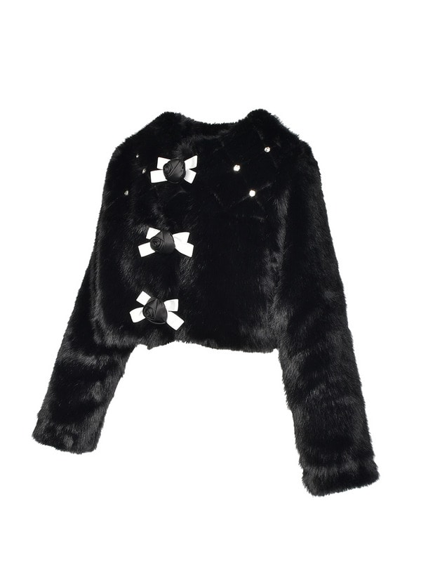 Rose Ribbon Bijou Fur Short Coat 詳細画像 ブラック 16