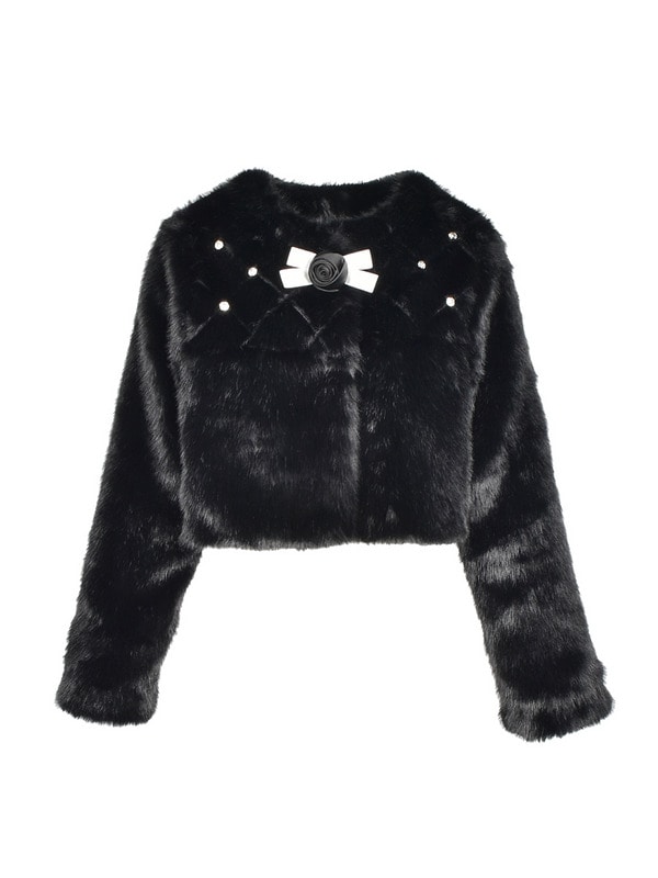 Rose Ribbon Bijou Fur Short Coat 詳細画像 ブラック 16