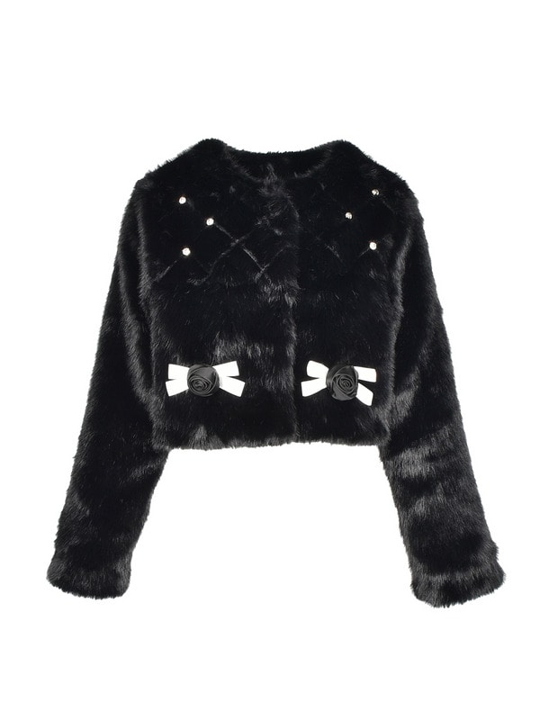 Rose Ribbon Bijou Fur Short Coat 詳細画像 ブラック 16
