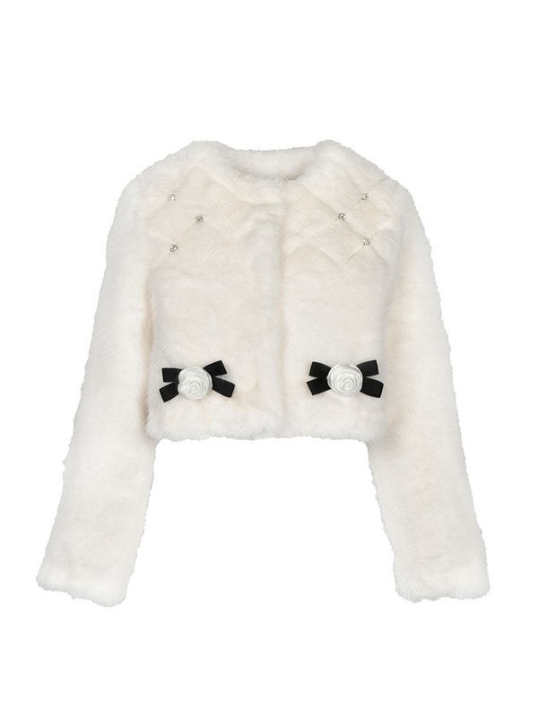 Rose Ribbon Bijou Fur Short Coat 詳細画像 ブラック 16
