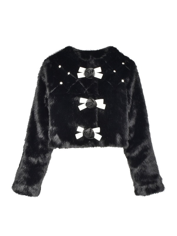 Rose Ribbon Bijou Fur Short Coat 詳細画像 ブラック 1