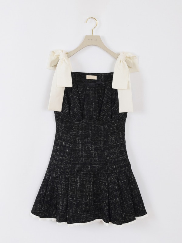 ショルダーリボンツイードミニワンピース 詳細画像 ブラック 1