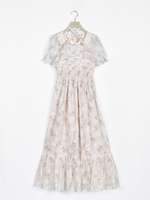 ギャザーリボンフラワーシャーリングワンピース