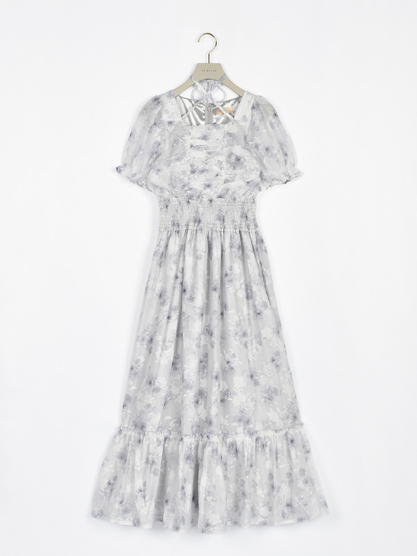 ギャザーリボンフラワーシャーリングワンピース 詳細画像 ブルー 1