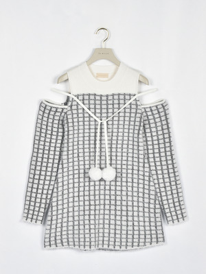 ポンポンシャギーニットワンピース