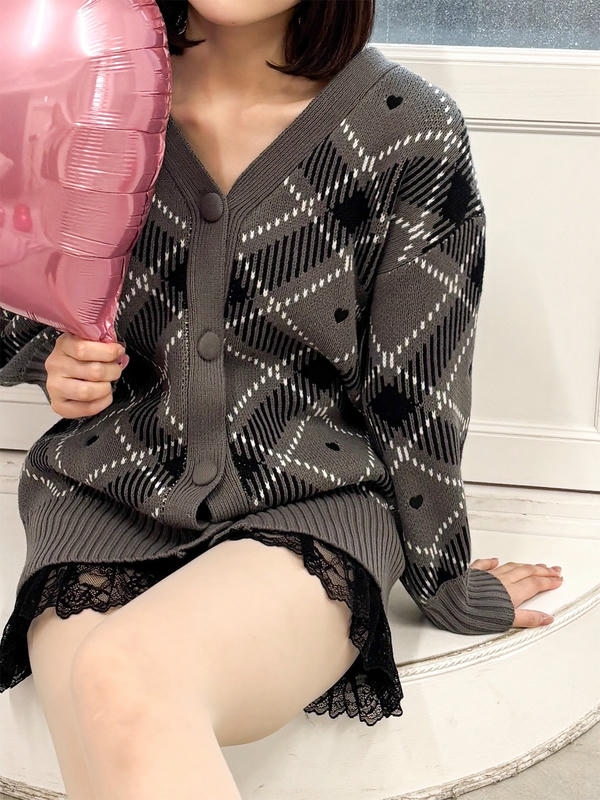 ハートチェックニットカーデ 詳細画像 チャコール 16