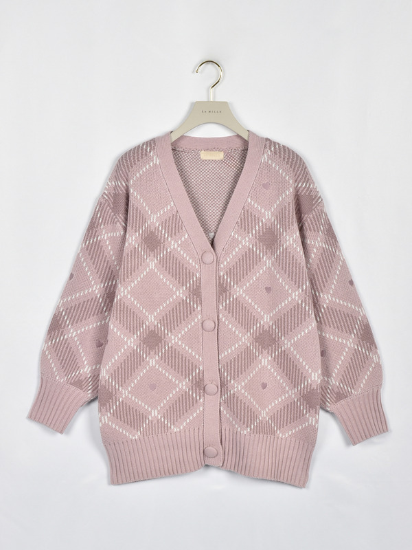 ハートチェックニットカーデ 詳細画像 ピンク 1