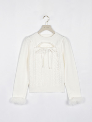 ファーカフスハートケーブルニット