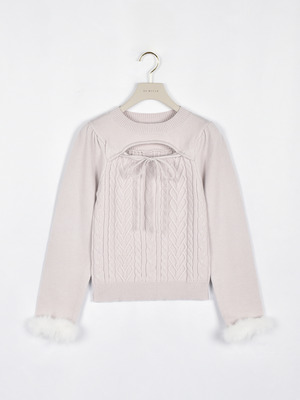 ファーカフスハートケーブルニット