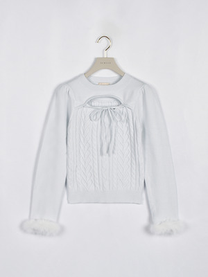 ファーカフスハートケーブルニット