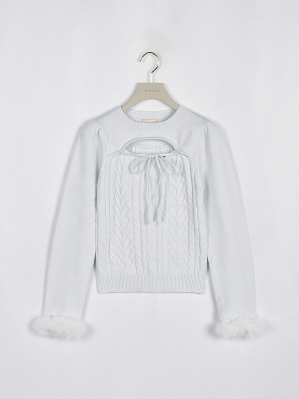 ファーカフスハートケーブルニット 詳細画像 アイスブルー 1