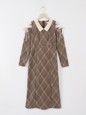 ショルダーカットチェックワンピース