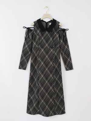 ショルダーカットチェックワンピース