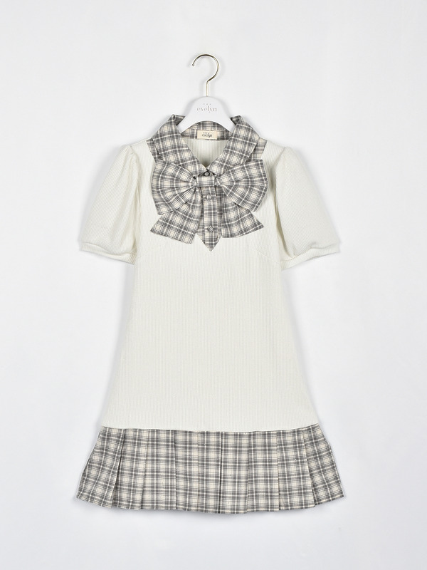 リボンチェックプリーツリブワンピース 詳細画像 オフホワイト 1