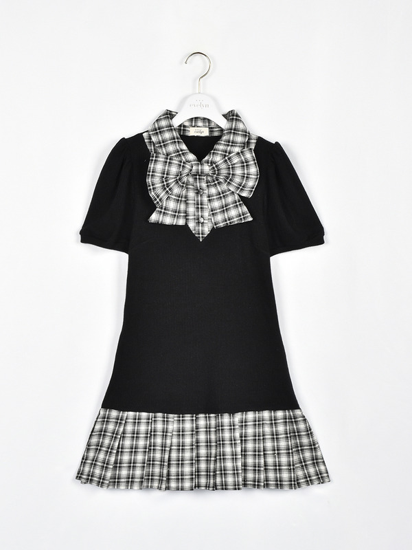 リボンチェックプリーツリブワンピース 詳細画像 ブラック 1