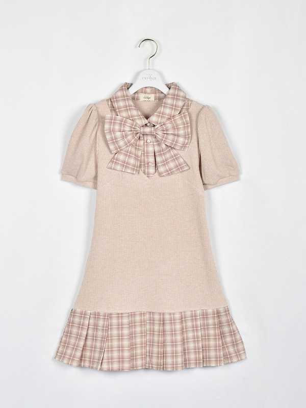 リボンチェックプリーツリブワンピース 詳細画像 ピンクベージュ 1